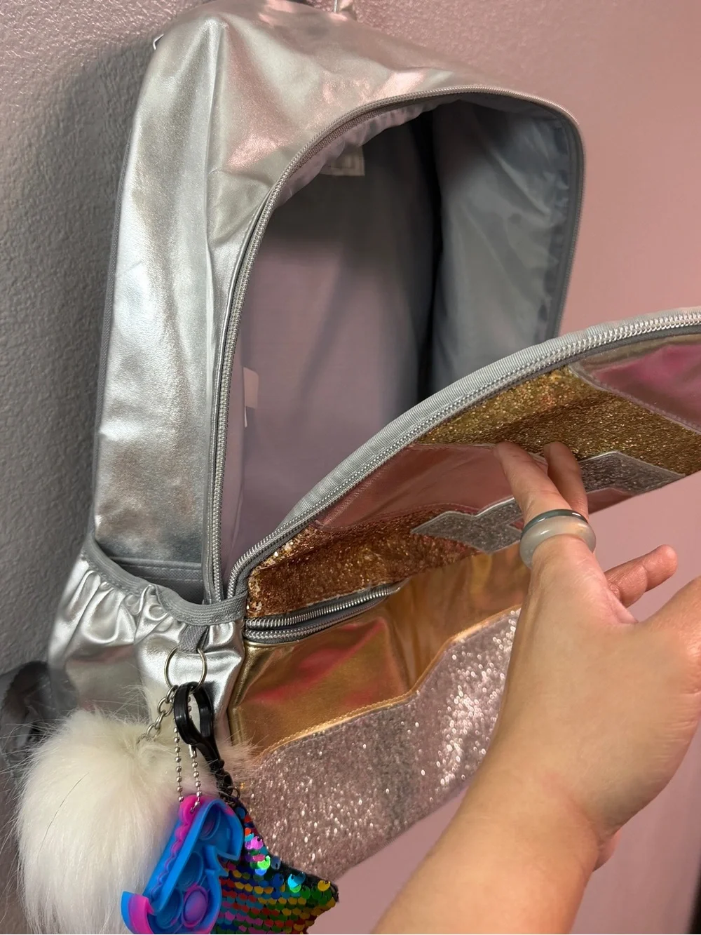 Glitter Patchwork Girls Backpack - Gold & Silver
